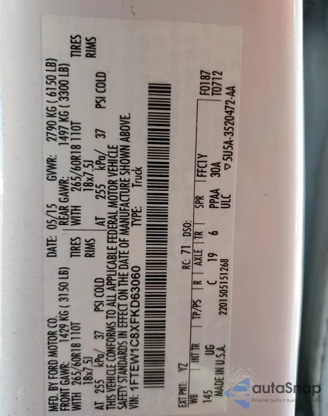 2015 Ford F150 Supercrew z USA, uszkodzony, nr VIN 1FTEW1C8XFKD63060